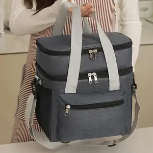 Gray color [Insulated | Leakproof] Large Double Layer Leakproof Insulated Lunch Bag | Reusable Cooler Tote Bag, Unisex Lunch Bag with Adjustable Crossbody Strap