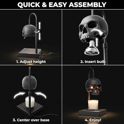 Skull Candle Warmer Lamp with Timer & Dimmable Light Adjustable Height Gothic Aromatherapy Melting Lamp for Bedroom Decor Candles Not Included