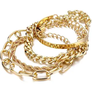Gold Bracelets for Women, 14K Gold Plated Dainty Layered Chain Bracelets Adjustable Cute Bangle Link Bracelet Set