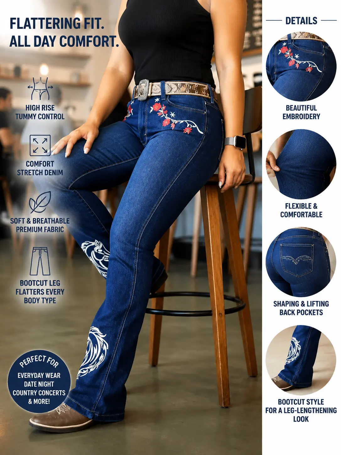 Women's Floral Embroidery Bootcut Jeans, Western Style Cotton Denim Fabric for Everyday Streetwear, Casual, Fitted, Bottom, Pockets