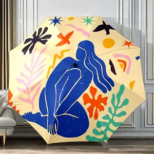 Innovative design folding umbrella, featuring a beautiful woman sitting on the ground. This patterned umbrella is suitable as a birthday gift, for various holidays, travel, and gifting.