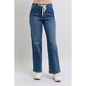 Judy Blue High Waist Elastic with Drawstring Wide Leg Dark Wash Jeans 88856 Stretchy Cotton Comfort Denim Womenswear Bottom