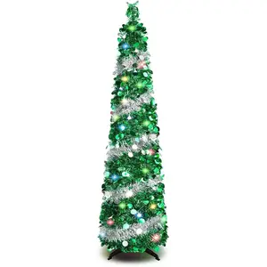 5 FT Christmas Trees with 90 Colorful Lights, Collapsible Artificial Sequin Pop Up Christmas Tree, Tall Skinny Pencil Tinsel Christmas Trees Xmas Tree for Home Apartment Basement Fireplace