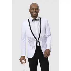Mens Collarless White Tuxedo Jacket with Black Trim and Diamond Wing Studs
