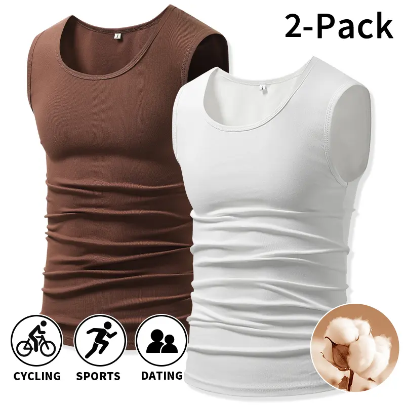 Men's 2-Pack Ribbed Tank Tops in 95% Cotton 5% Spandex, Solid U-Neck Slim Fit Athletic Shirt for Gym, Workout, and Layering, 95% Cotton And 5% Spandex Vests