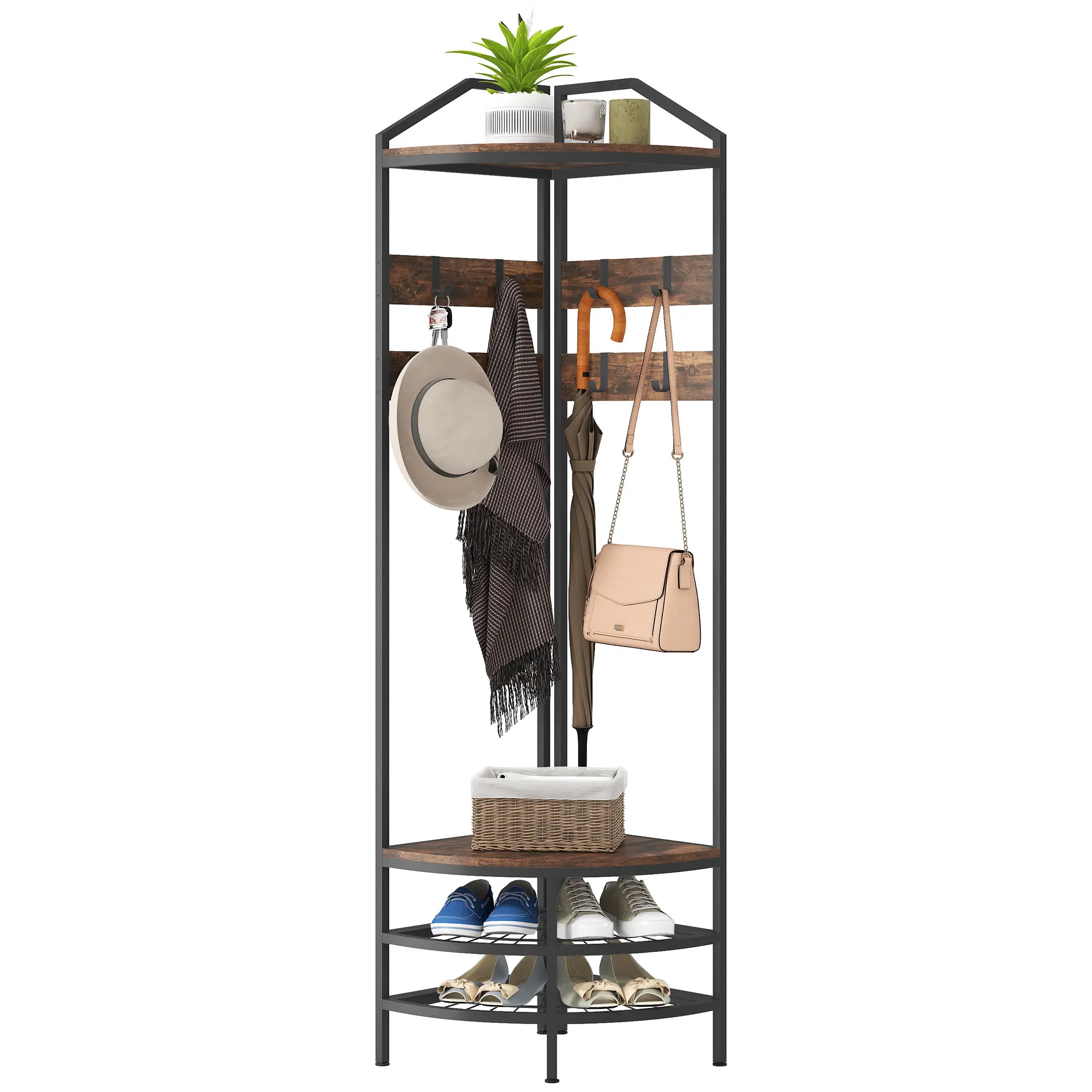 Rustic brown corner hall tree industrial 4 tier coat rack with shoe storage 8 movable hooks for hallway corner space