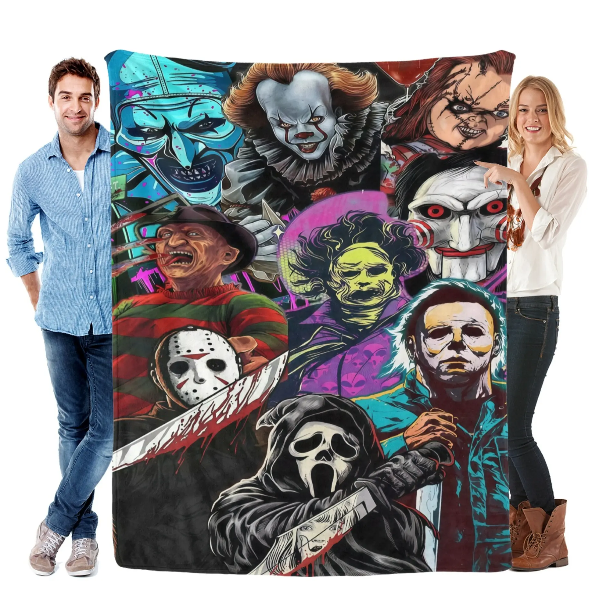 Black White Classic Horror Movie Killers Flannel Throw Blanket, Ghostface Pennywise Chucky Jason Freddy Art The Clown Soft Plush Blanket, Scary Halloween Horror Character Couch Bed Sofa Blanket Gift for Horror Movie Lovers