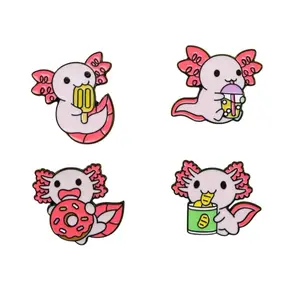 Cute Axolotl Enamel Pin - Cartoon Design with Various Activities, Featuring Pink Accessories and Fun Themes