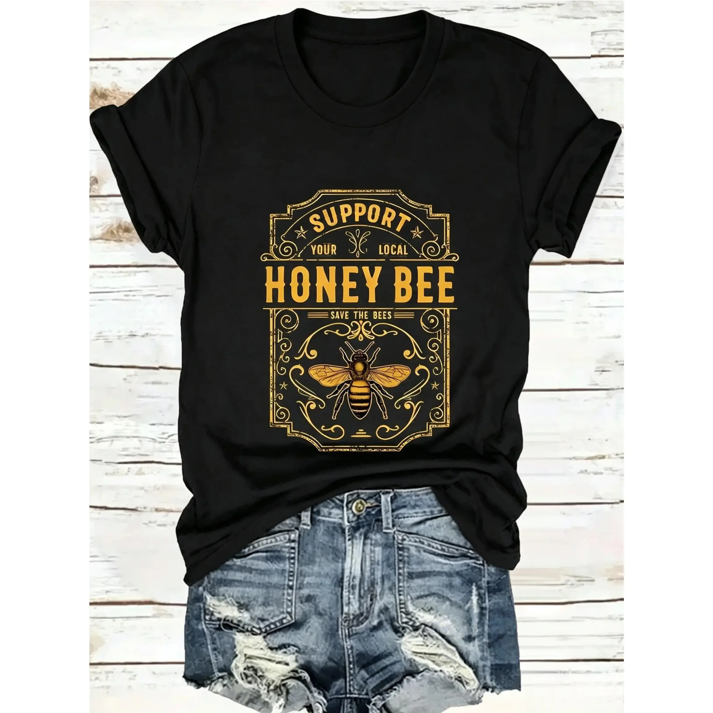 Bee Print T-Shirt, Casual Chic Vacation Summer Womenswear Women's Short Sleeve Top, Soft Fabric, Daily Comfort, Elegant Design, Loose-Fitting, Casual Everyday Tops
