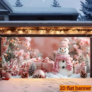 1count Large  Pink Cute Christmas Snowman Garage door decoration, Festive Backdrops & Banners, Background Banner - Pink Snowman, Tree & Pine Cone Outdoor Garden Decoration, 13.0x6.0ft Polyester Banner, Perfect For Holiday Decor, Christmas Decorations