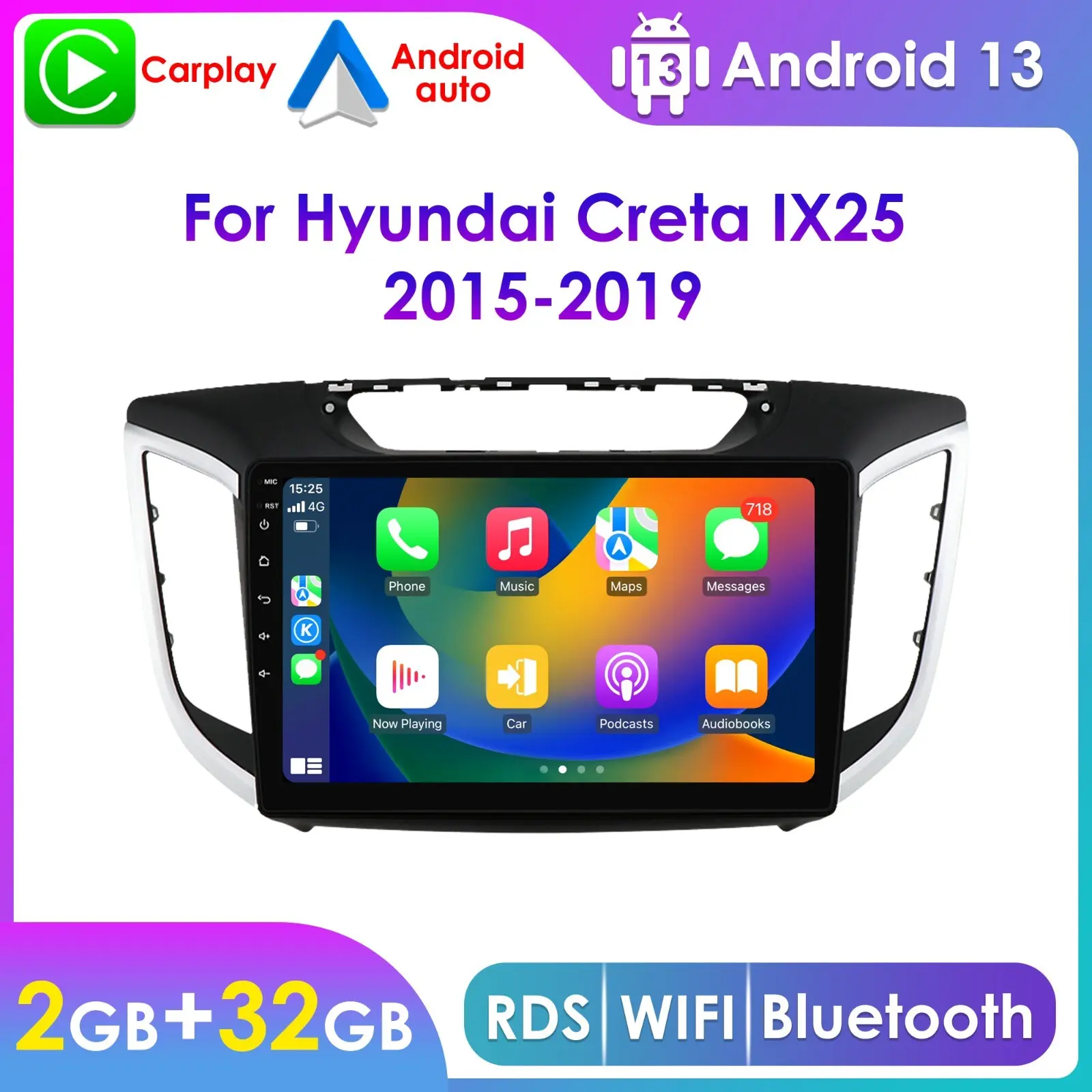 Hizpo Android 14 Touchscreen 2DIN Car Radio, Multimidia Video Player, GPS Navigation, Carplay Auto Stereo Head Unit for Hyundai Creta ix25 2016-2018, P2(4Core 2G 32G), P3(4Core 2G 64G)
