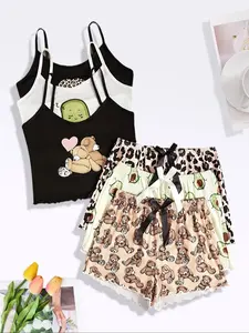 Women's 3-Piece Teddy Bear Avocado Leopard Print Sleepwear Set, Soft Cotton Lounge Wear, Comfortable Home for Women