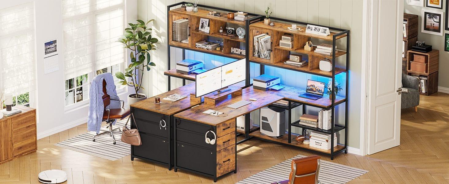 Sikaic 58 Inches L Shaped LED Gaming Desk Brown with 7 Tier Shelves, 1 Glass Cabinet & 3 Drawers, Reversible Design, RGB LED Light Strips, Modern Engineered Wood