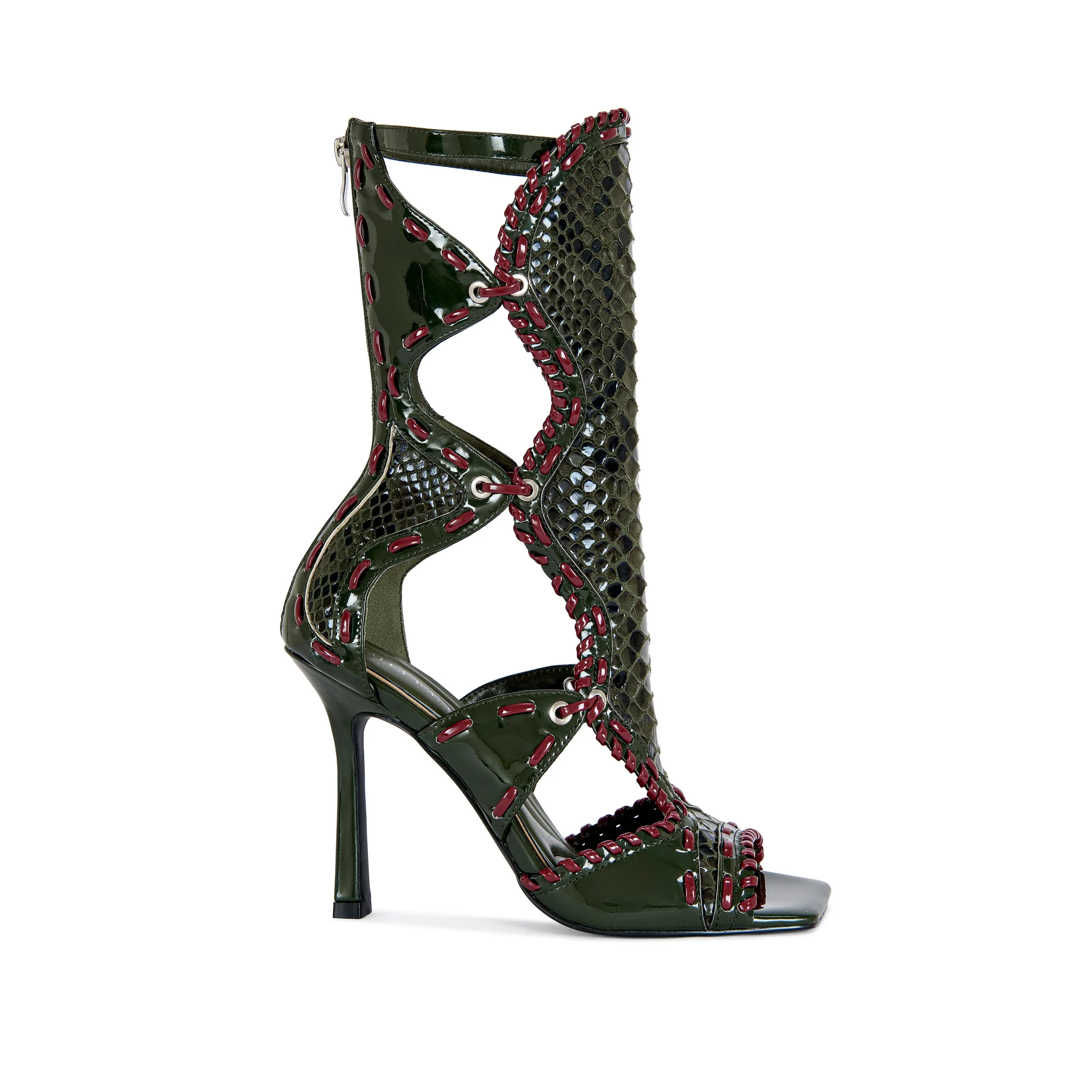 INDRANI-OLIVE SNAKE GLADIATOR STILETTO SANDAL BOOTIE