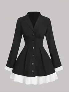 Elegant Women's Slim Fit Long Sleeve Colorblock Waist Cinching Dress, Minimalist Style, Formal, Spring & Fall Fashion, Plain Pattern
