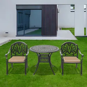 3-Piece Set Of Cast Aluminum Patio Furniture With Brown Cushions