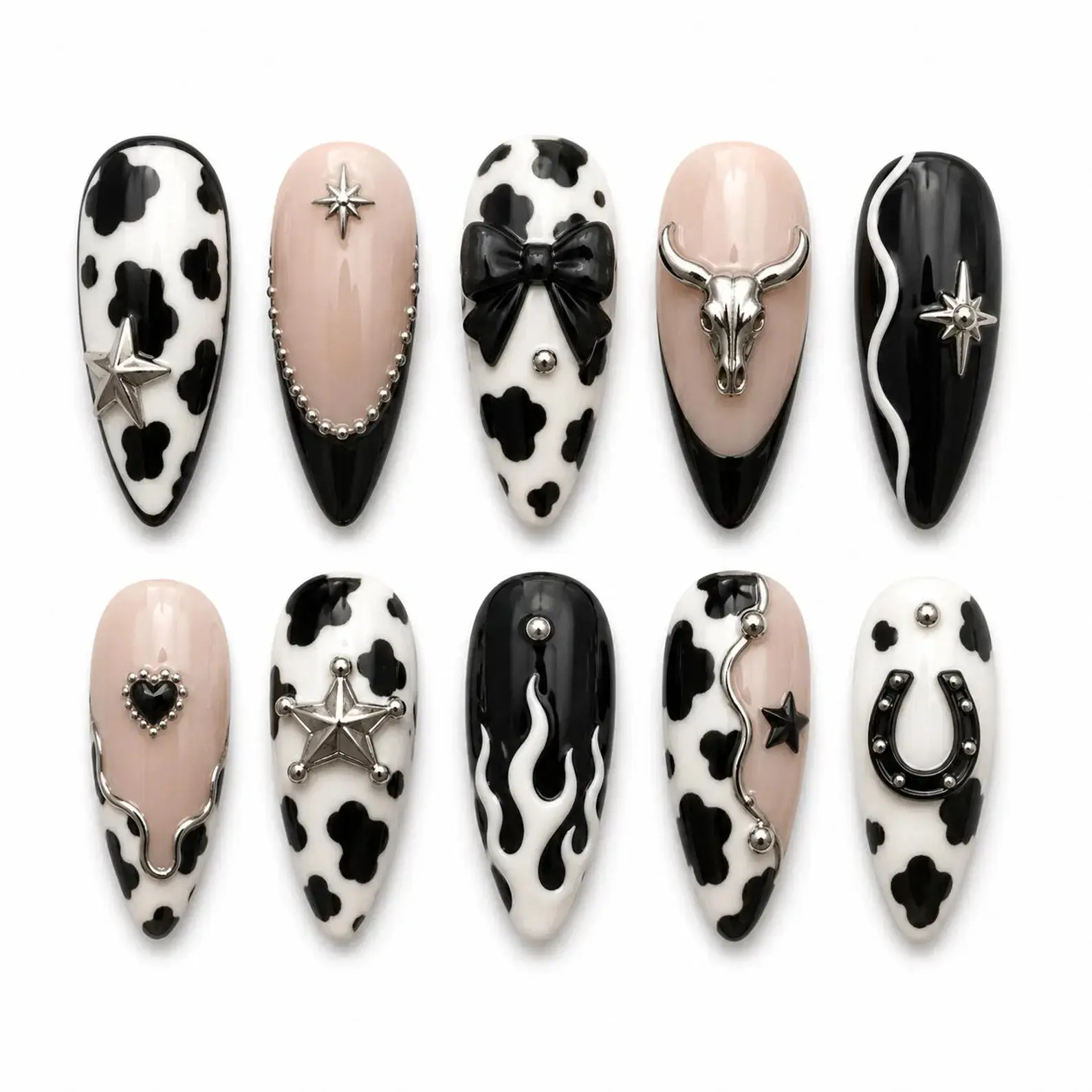 Cowgirl Luxe Press-On Nails, Cow Print Design with Black & White French Tips, Western Chrome Charms, Trendy Y2K Statement Set
