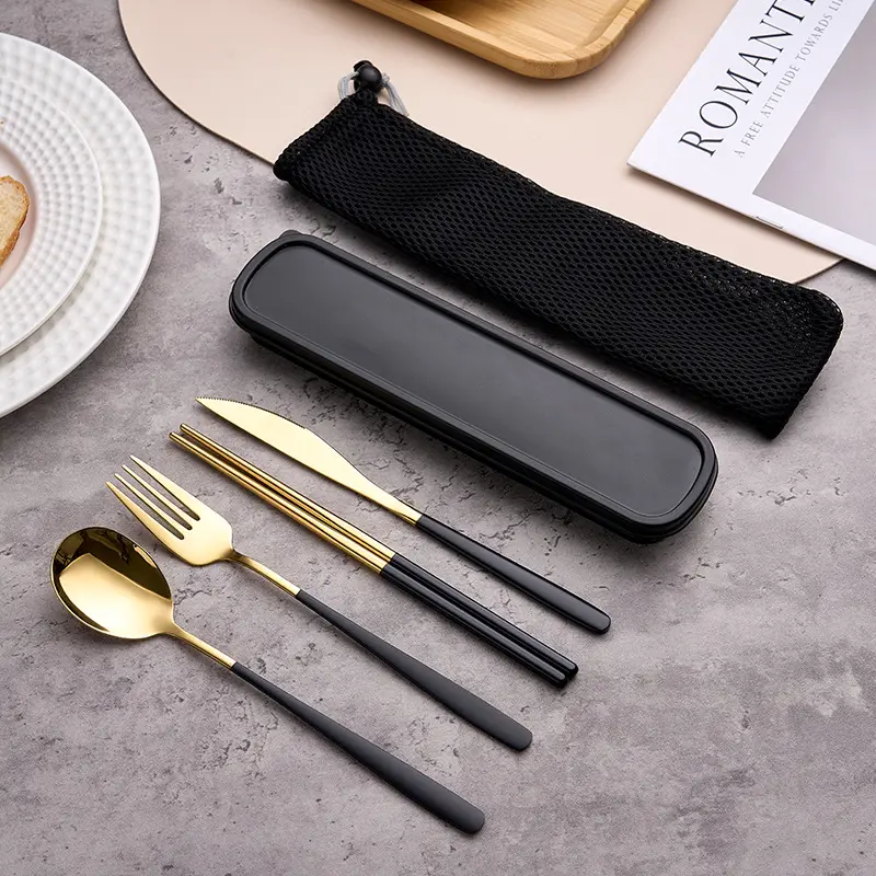 Adult 4-Piece Color-Plated Food Grade 304 Stainless Steel Tableware Set - Thick, Sturdy, Dishwasher Safe, Chip Resistant, Includes Knife, Fork, Spoon, Chopsticks, Portable with Storage Bag, Ideal for Business Trips, Prevents Bacterial Cross-Infection