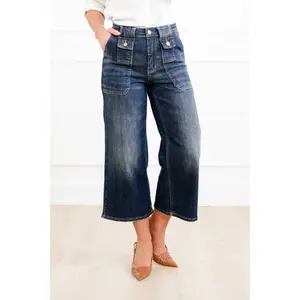 Judy Blue High Rise Dark Crop Wide Leg Jeans with Utility and Patch Pockets