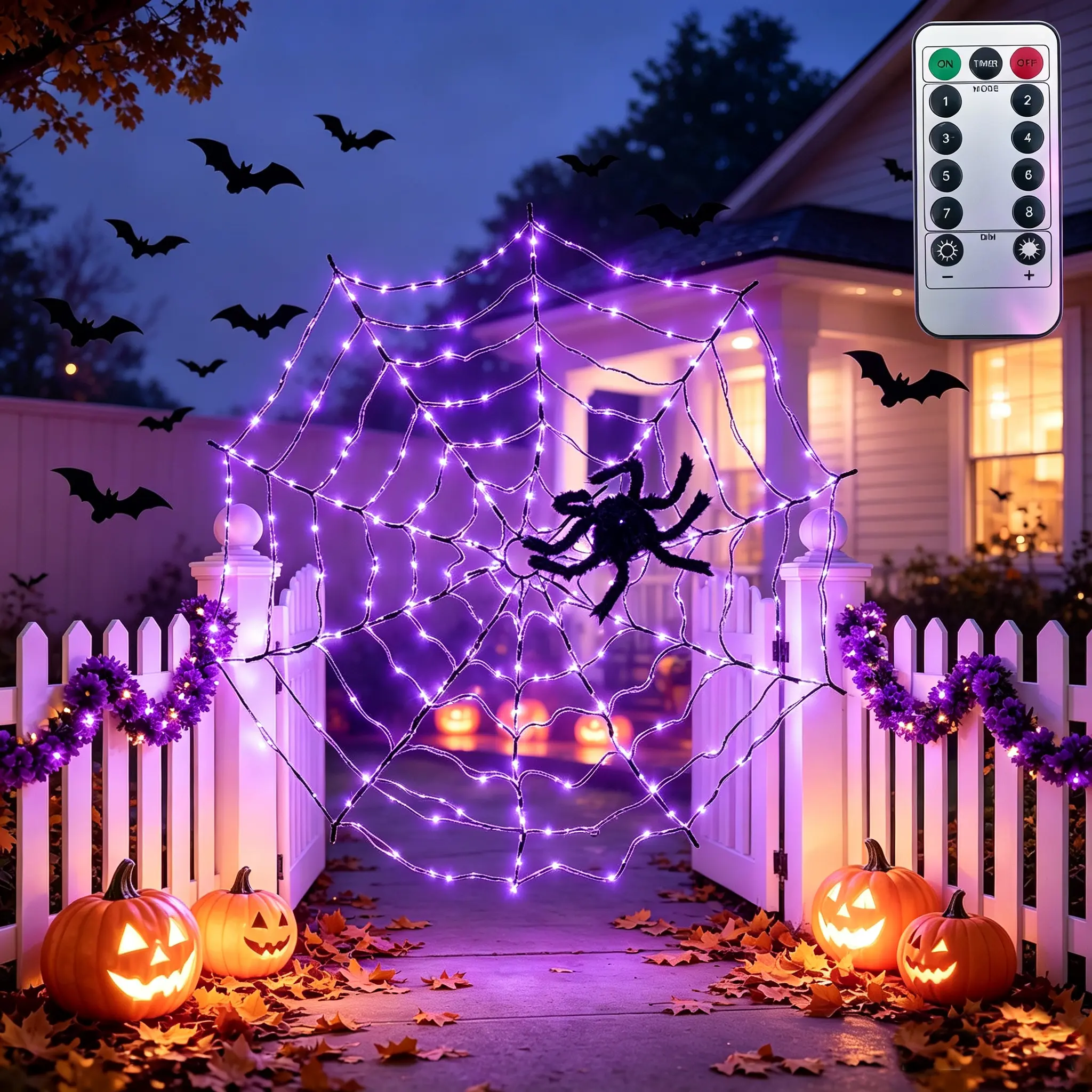 HalloweenLEDglowing spider web lights, includes an 11-inch plush spider, a large 4.3 ft twocolor orange/purple spider web light set, 70 LEDs, 8 lighting modes, USB powered with remote control, waterproof spider web decoration,