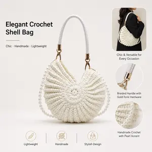 Crochet Shell Shoulder Bag for Women Woven Knit Purse Handmade Fan Shape Handbag Pearl Strap CrossbodyBag Hollow Out ToteBag BeachBag WorkBag SchoolBag Travel Carryall for Ladies Teens College Students Travel Shopping Daily Use Cute Gift Bag Chi