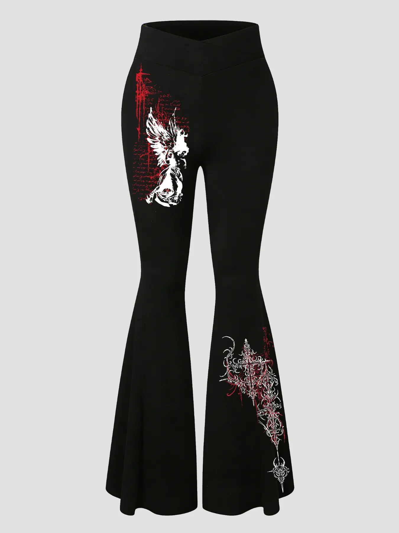 Women's leggings, crossover waistband, flared pants, Graphic gothic pattern, comfortable fit, suitable for all seasons, stylish women's everyday bottoms, versatile and easy to match, Casual Chic Bottoms, Casual Chic Trousers, Casual Comfy Stretchy