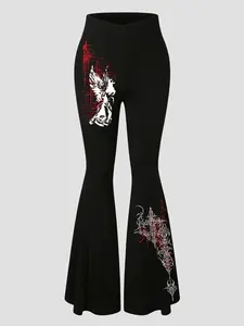 Women's leggings, crossover waistband, flared pants, Graphic gothic pattern, comfortable fit, suitable for all seasons, stylish women's everyday bottoms, versatile and easy to match, Casual Chic Bottoms