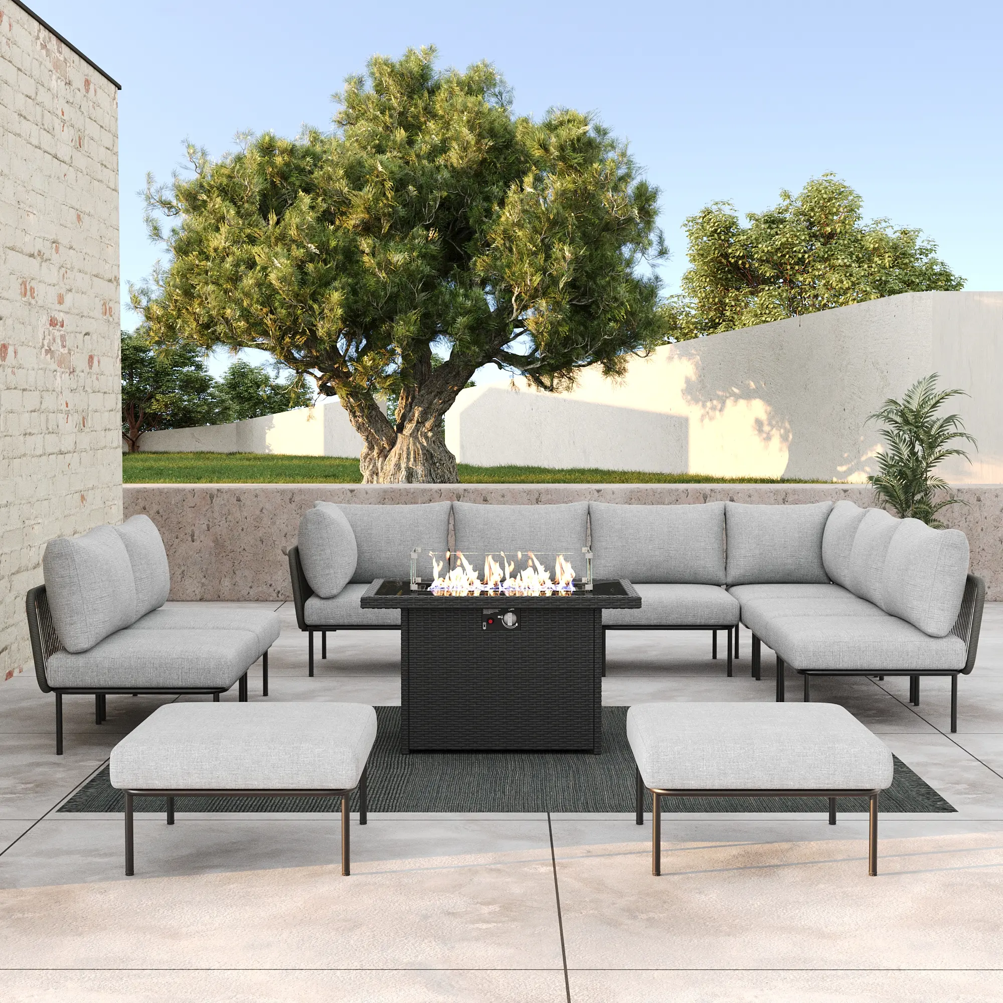 LayinSun 11-Pieces Aluminum Patio Furniture Set, Modern Modular Sectional Sofa with Fire Pit Table and Upgrade Thickness Cushion, Multiple Packages
