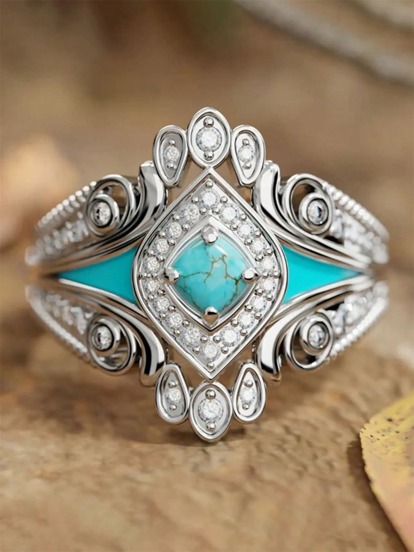 1 PC Gorgeous Cubic Zirconia & Faux Turquoise Ring For Women For Wedding Engagement Party Jewelry Valentine's Day Gift