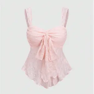 Wide Strap Bow Top Textured Fabric Sleeveless Casual Summer Top for Women