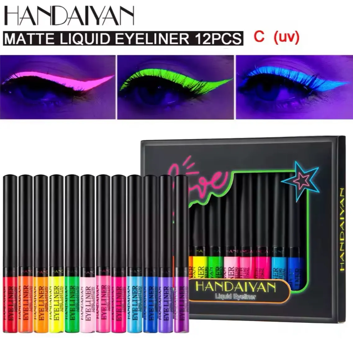 12-color Neon Liquid Eyeshadow Kit with Waterproof Handaiyan Eye Liner Pencil for Makeup