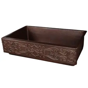 35" Hammered Copper Kitchen Apron Single Basin Retrofit Sink with Scroll Design