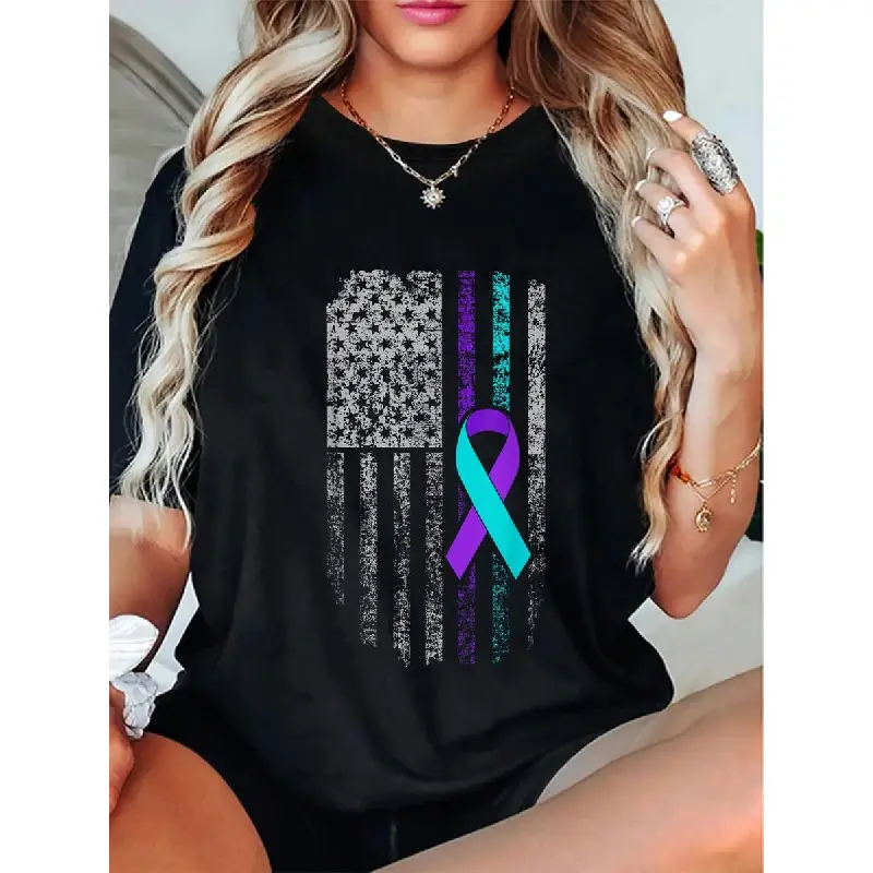 Women's Shortsleeve Tshirt, Casual Fitted Cotton Top with American Flag Suicide Prevention Awareness Ribbon, Lady