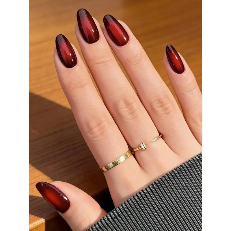 24 pcs set Red Black Ombre Press On Nails Almonds Medium Length - Acrylic Fake Nail, Reusable Glue On Stick On Nails, Fall Halloween Designer Nails For Women