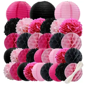 WOLHOWLTD Pink Mouse Paper Decoration Set - 33 Pcs Paper Lanterns, Pompoms, Honeycomb for WeddingValentine's Day,School Day,Bridal Shower,Birthday Party,Home Garden Decoration(Rosy Black Pink)