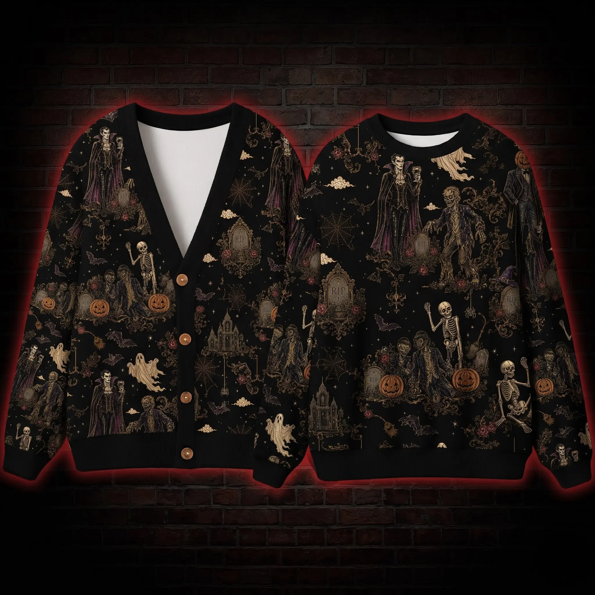 Vintage Halloween Vampire Skeleton Pumpkin Cardigan Sweater, Vintage Spooky All Over Print Button Up Sweater with Ghosts, Skeletons, Pumpkins, Bats Haunted Fall Look