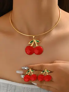 Women's Cherry Earrings Necklace Set, Summer Fruit Series Jewelry Gift for Women, Perfect for Daily Wear & Special Occasions