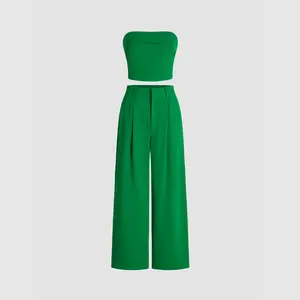 Cider Solid Shirred Tube Top & High Waist Pants Set