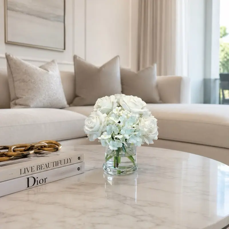 Real Touch White Rose & Hydrangea Arrangement in Faux Water | Luxury Home Decor