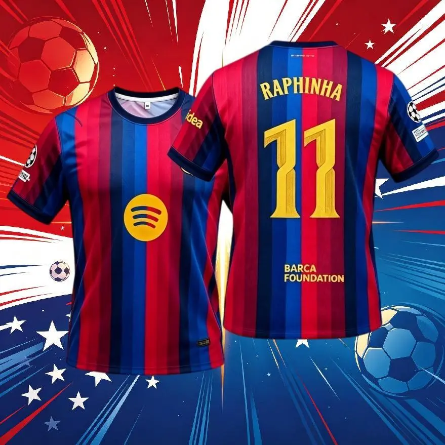 11# Raphinha 26 27 Home Short Sleeve Soccer Jersey Fans Version Red Blue