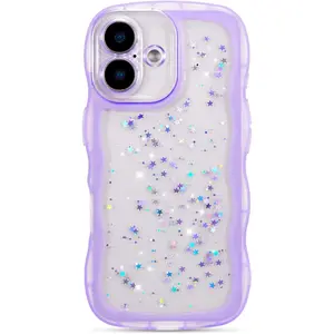 for iPhone 17 Case 6.3",Cute Curly Wave Case with Star Glitter,Clear Shiny Bling Soft TPU Shockproof Phone Protecive Cover for Women Girls-Purple