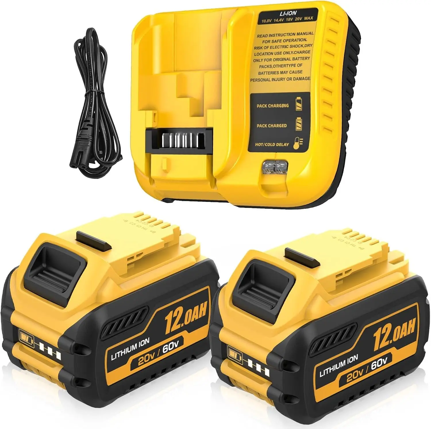 2-Pack 12000mAh High-Capacity Dewalt 20V/60V Max Lithium Battery Replacement & DCB107 Charger Combo, Compatible with Dewalt 20V Power Tools (DCB203, DCB201, DCB207, DCB204, DCB206)