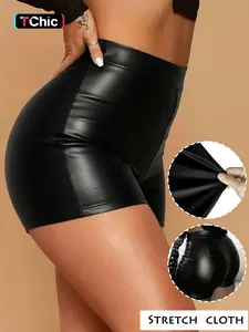 GILIPUR Y2K Women's Solid Color Stretch Elastic Coated Denim Shorts, Stylish Casual PU Leather Shorts, Summer Fashion Item, TChic, Fit