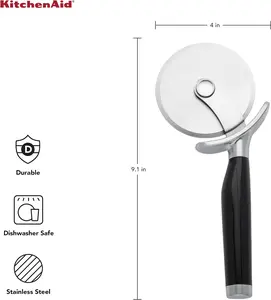 KitchenAid Classic Pizza Wheel with Sharp Blade For Cutting Through Crusts, Pies and More, Built In Finger Guard for Safety and Comfort Grip to Protect Fingers, Dishwasher Safe, 9-Inch, Black