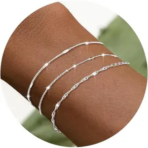Silver Bracelets for Women, Dainty Stackable Silver Bracelets for Women Trendy Sparkling Waterproof Bracelet Set Gold Adjustable Bracelet Pack Jewelry Gifts for Women