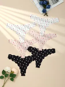 7-Piece Women's Seamless Wave Trim Floral Thongs Set, Comfortable Breathable Stretch Underwear for All Seasons, Sexy and Stylish Ladies Panties