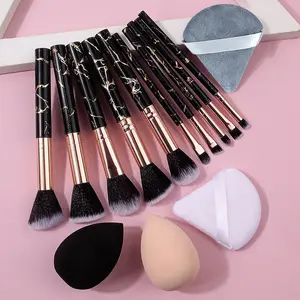 14PCS makeup set brushes, Brush Makeup Kit, including black marble-textured powder brush, blush brush, setting brush, eyeshadow brush + high rebound non-sticking powder beauty egg + double-sided soft triangular powder puff Cosmetic Brush Set