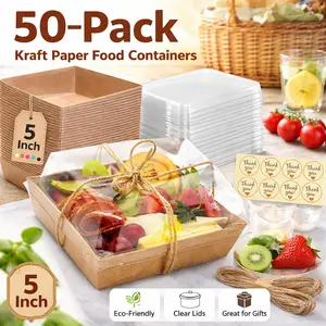 50 Pack Small Charcuterie Boxes with Clear Lids – 5 Inch Disposable Paper Food Containers, To Go Dessert Boxes for Sandwich, Cookie, Sushi, Cake Slice, Strawberries