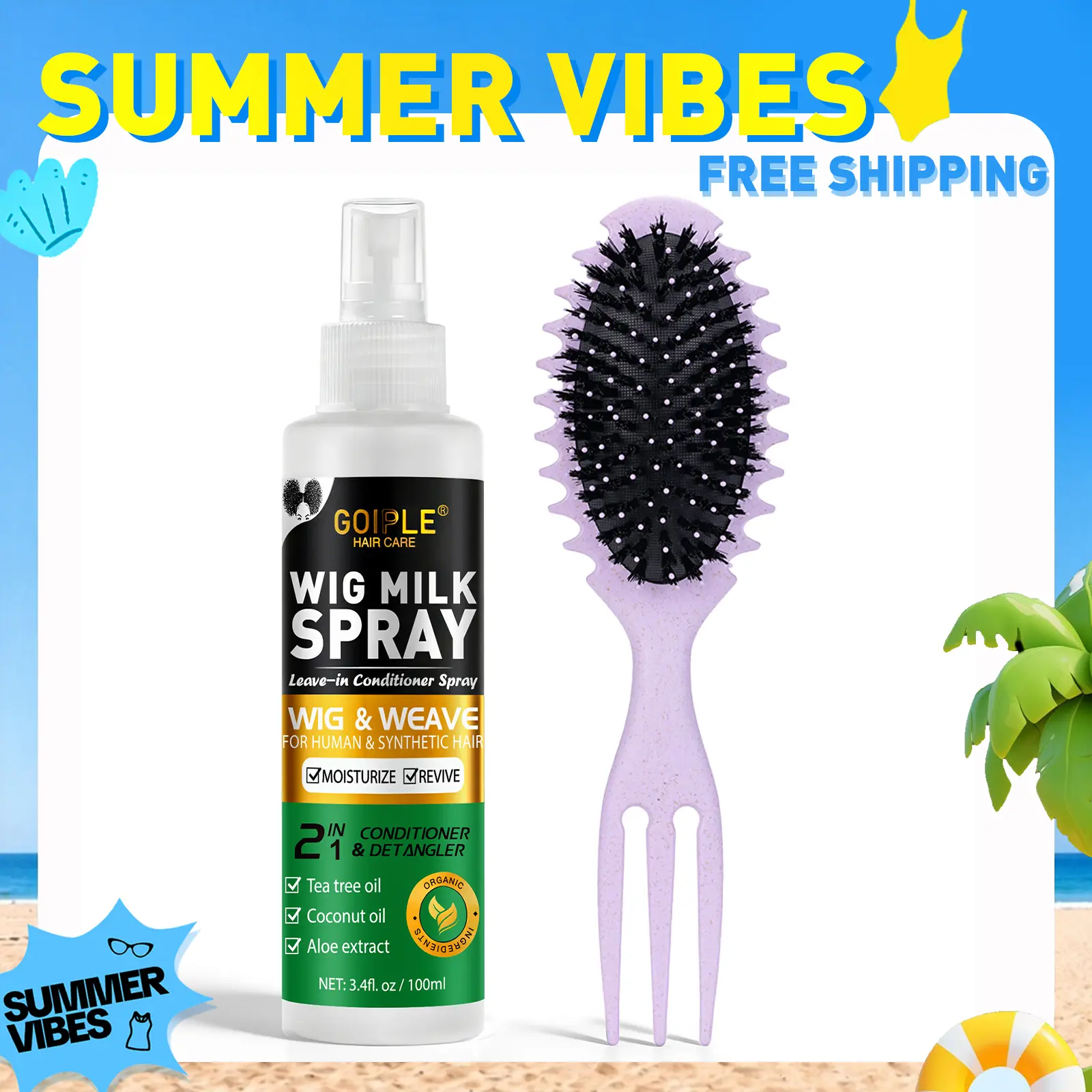 【SUMMER VIBES】Wig Milk Spray Wig Spray for Synthetic Hair, Leave-In Conditioner Spray for Hair Wigs, Conditioner ＆ Detangler 2 in 1 Moisturize Spray, Curly Brush Curl Defining Brush for All Hair Types(2PCS)