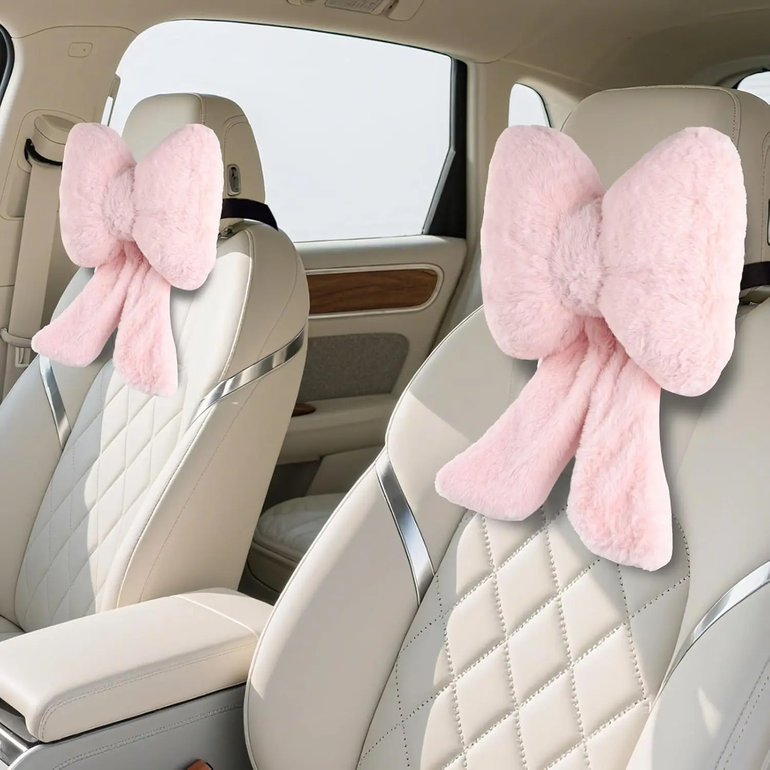 2-Pack Bowknot Car Headrest Plush Neck Pillow, Suitable for Travel, Driving, Office Chair Head Support, Also Cute Car Decoration Accessories (Pink): Home & Kitchen